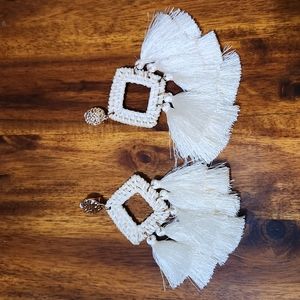 White fringed clip on earrings